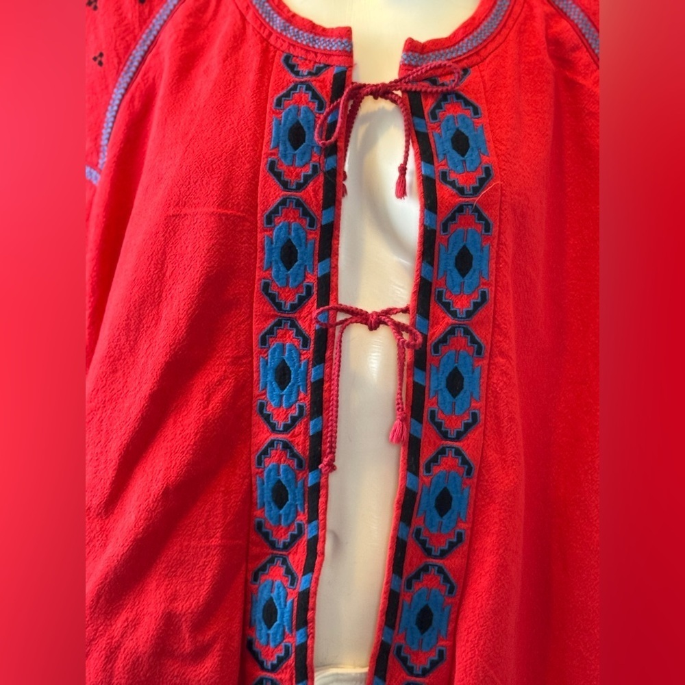 Free People Linen/Cotton Blend Vibrant Red Bohemian Jacket Blue Floral Accents L - Picture 8 of 15